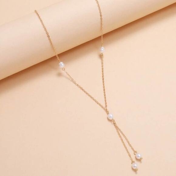 2/$24 NEW Boho Festival Gold Layered Pearl Dangle Chain Necklace Dainty 113 - Picture 4 of 7